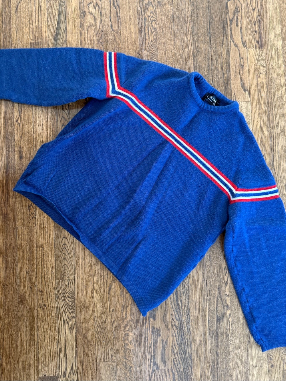 Vintage Demetre Blue Crewneck Sweater with Red & White Stripes